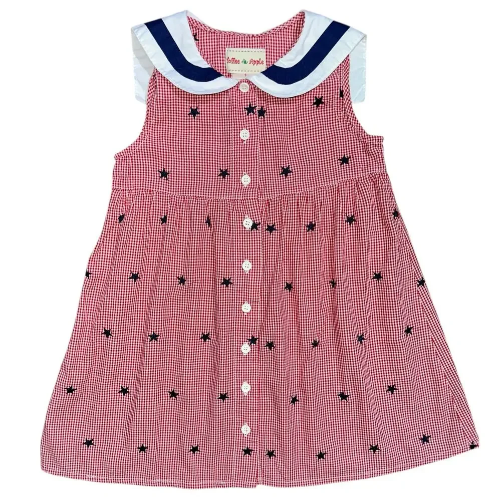 Vintage Toffee Apple Girls Red Gingham Patriotic Star Sailor Collar Dress Size 5